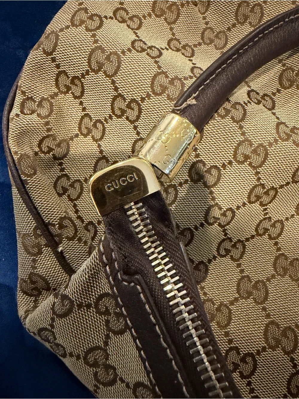 Gucci Beige Monogram Canvas Shoulder Bag with Brown Trim